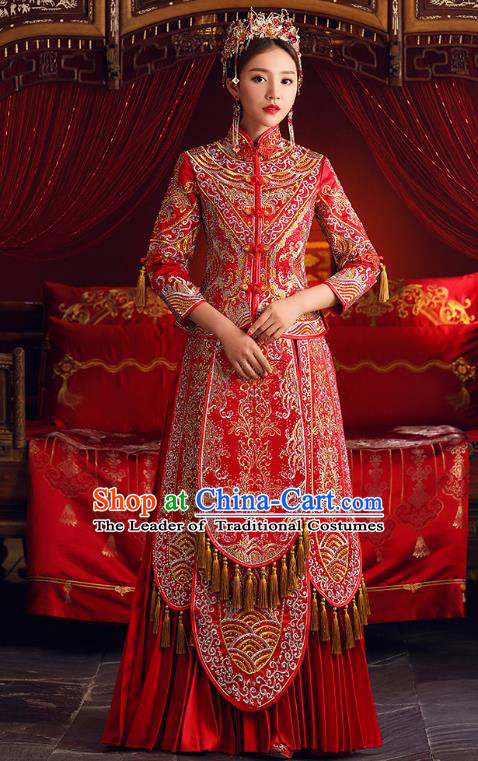 Chinese Ancient Bride Formal Dresses Embroidered Crystal Cheongsam XiuHe Suit Traditional Wedding Costumes for Women