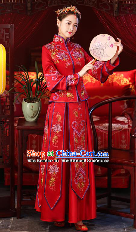 Chinese Ancient Embroidered Peony Wedding Costumes Bride Red Formal Dresses XiuHe Suit for Women
