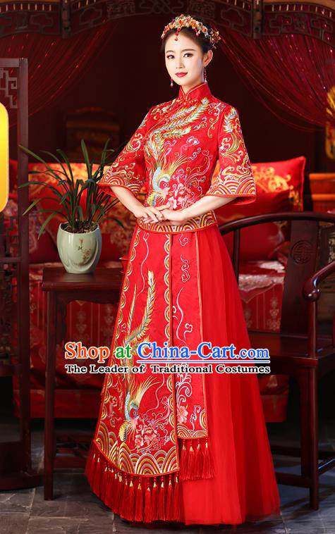 Chinese Ancient Embroidered Phoenix Wedding Costumes Bride Red Formal Dresses XiuHe Suit for Women