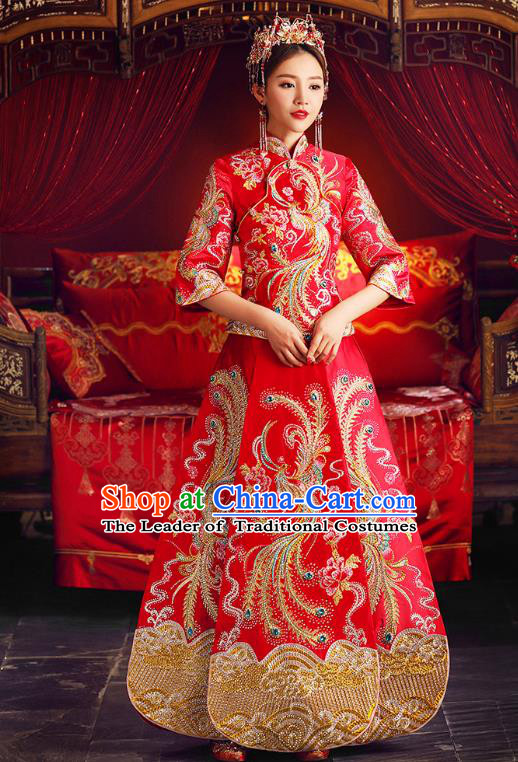 Chinese Ancient Traditional Wedding Costumes Bride Formal Dresses Cheongsam Embroidered Phoenix XiuHe Suit for Women