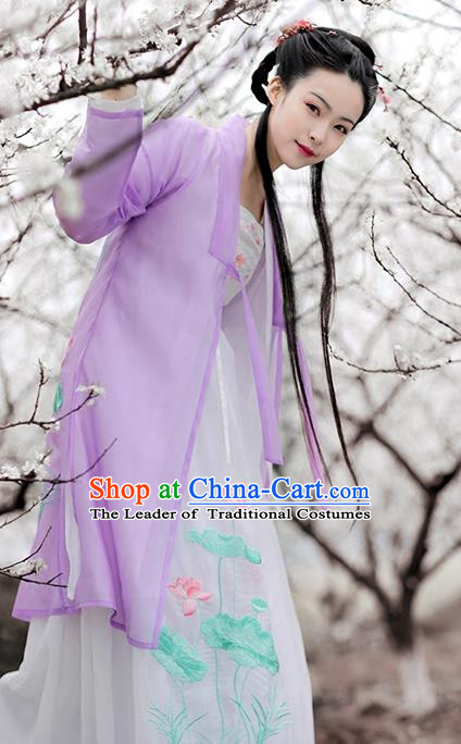 Ancient Chinese Song Dynasty Princess Costume Embroidered Lotus Purple Cloak and Inside Clothing Plus Accessories for Women
