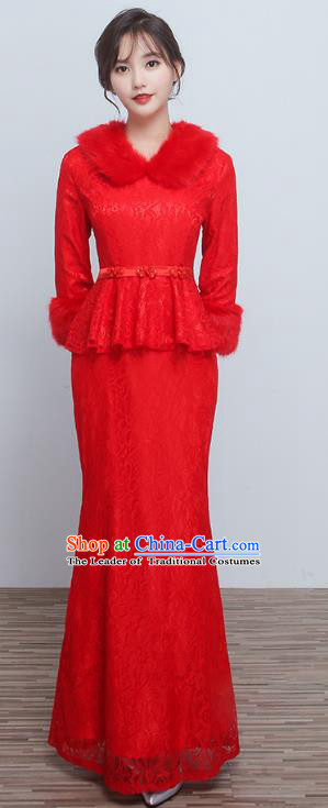 Chinese Ancient Wedding Costumes Bride Formal Dresses Embroidered Toast Qipao Red XiuHe Suit for Women