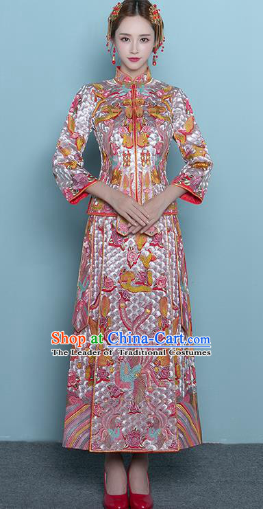 Chinese Ancient Wedding Costumes Bride Formal Dresses Embroidered Toast Qipao Pink XiuHe Suit for Women