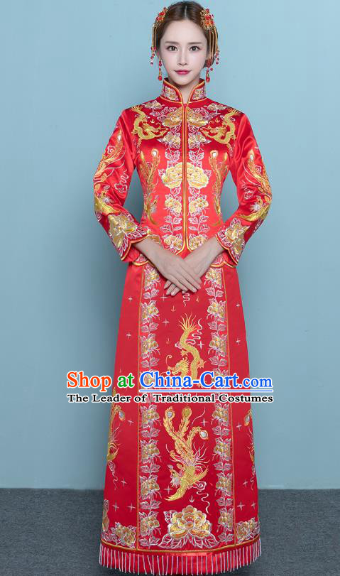 Chinese Ancient Wedding Costumes Bride Red Formal Dresses Embroidered Toast Qipao XiuHe Suit for Women