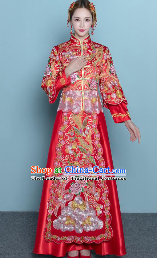 Chinese Ancient Wedding Costumes Bride Red Formal Dresses Embroidered Peony Toast Qipao XiuHe Suit for Women