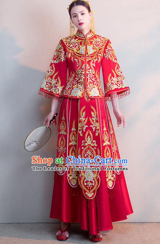 Chinese Ancient Wedding Costumes Bride Formal Dresses Embroidered Red Longfenggua XiuHe Suit for Women