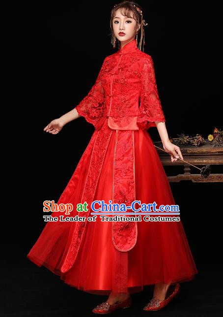 Chinese Ancient Wedding Costumes Bride Red Lace Formal Dresses Embroidered Longfenggua XiuHe Suit for Women