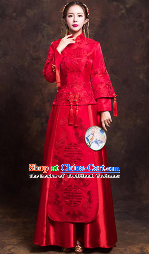 Chinese Ancient Bride Formal Dresses Wedding Costume Embroidered Toast Cheongsam XiuHe Suit for Women