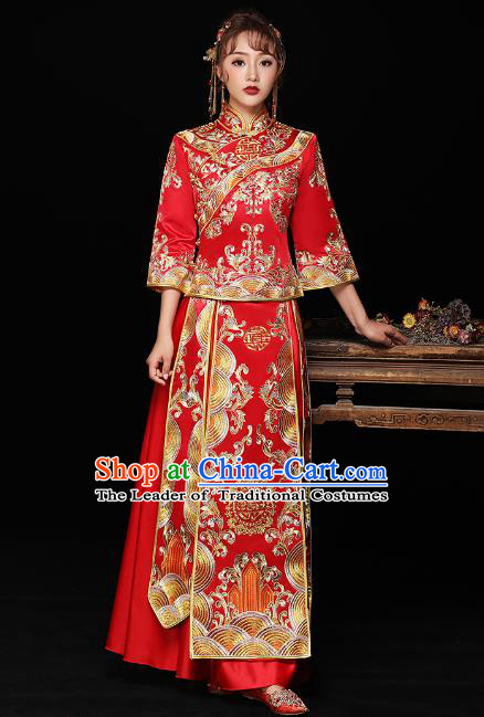 Chinese Ancient Bride Formal Dresses Wedding Costume Embroidered Red Cheongsam XiuHe Suit for Women
