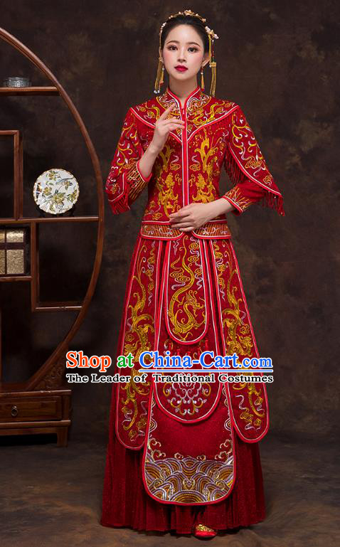 Chinese Ancient Wedding Costumes Bride Formal Dresses Embroidered Bottom Drawer Red XiuHe Suit for Women