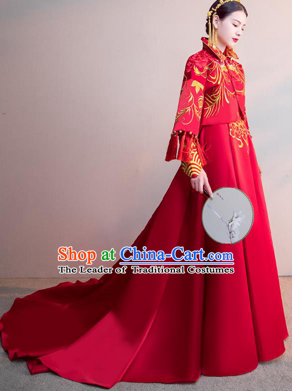 Chinese Ancient Bride Red Trailing Formal Dresses Wedding Costume Embroidered Cheongsam XiuHe Suit for Women