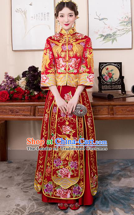 Chinese Ancient Bride Red Formal Dresses Wedding Costume Embroidered Phoenix Cheongsam XiuHe Suit for Women