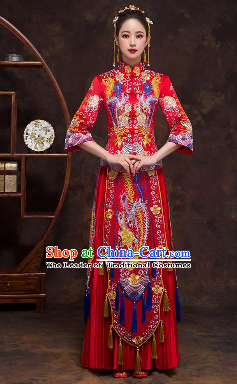 Chinese Ancient Wedding Costumes Bride Formal Dresses Embroidered Phoenix Bottom Drawer Red XiuHe Suit for Women