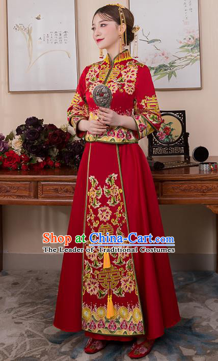 Chinese Ancient Bride Formal Dresses Wedding Costume Embroidered Longfenggua XiuHe Suit for Women