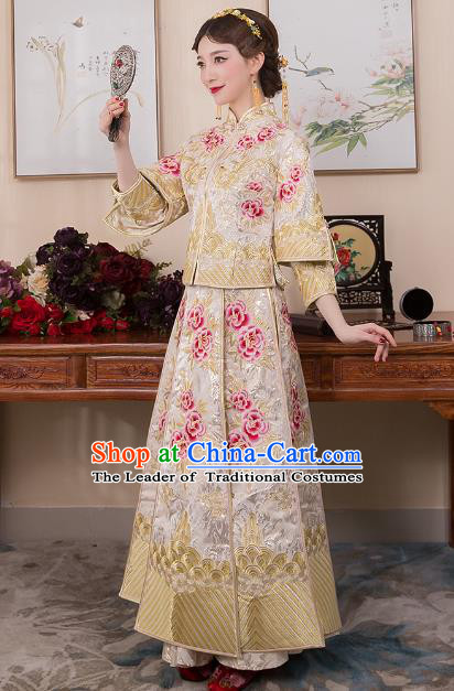 Chinese Ancient Bride White Formal Dresses Wedding Costume Embroidered Peony Longfenggua XiuHe Suit for Women