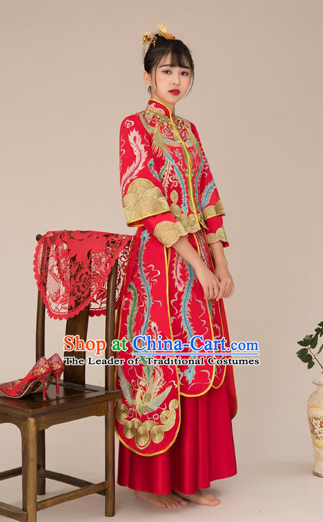 Chinese Ancient Bride Formal Dresses Wedding Costume Embroidered Slim Longfenggua XiuHe Suit for Women