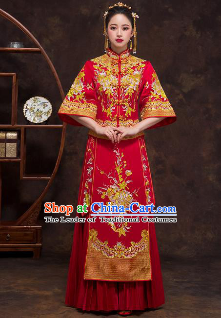 Chinese Ancient Wedding Costumes Bride Formal Dresses Embroidered Chrysanthemum Bottom Drawer Red XiuHe Suit for Women