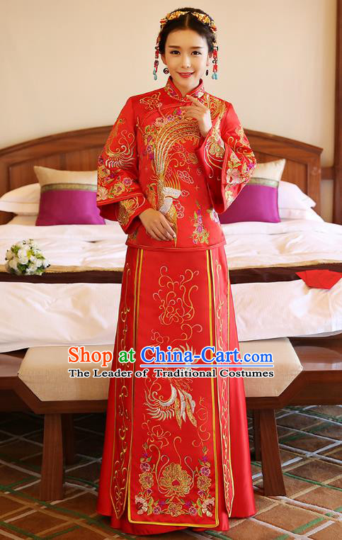 Chinese Ancient Bride Formal Dresses Wedding Costume Embroidered Phoenix Longfenggua XiuHe Suit for Women