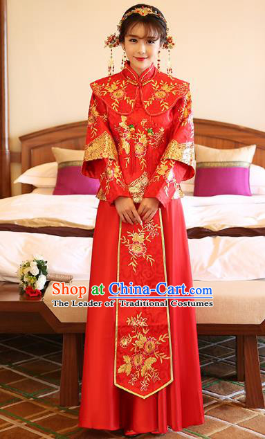Chinese Ancient Bride Formal Dresses Wedding Costume Embroidered Red Longfenggua XiuHe Suit for Women