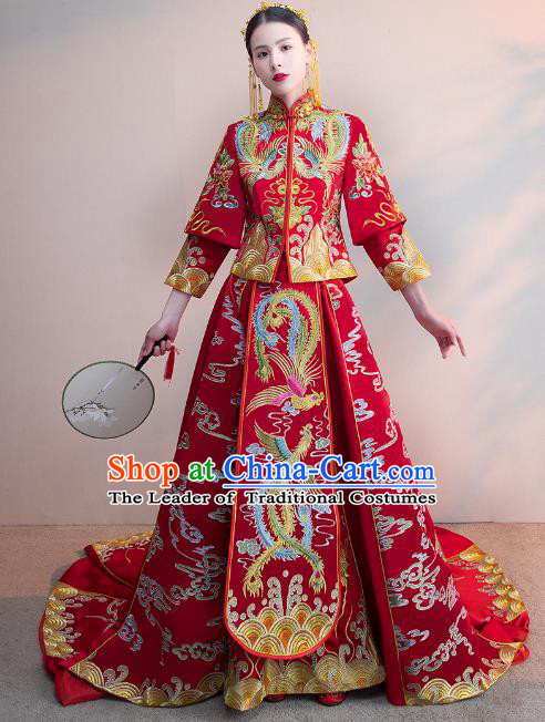 Chinese Ancient Wedding Costumes Bride Formal Dresses Embroidered Phoenix Bottom Drawer Trailing XiuHe Suit for Women