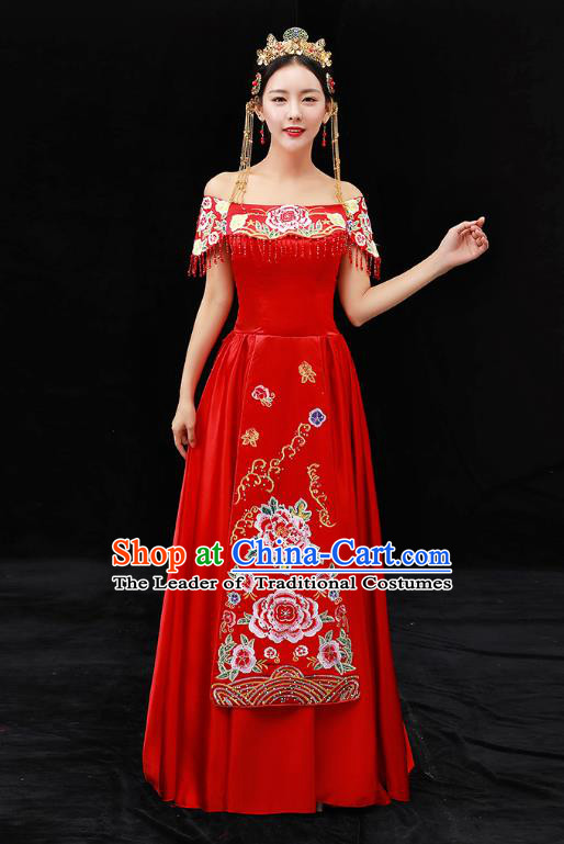 Chinese Ancient Bride Formal Dresses Wedding Costume Embroidered Peony Red Cheongsam for Women