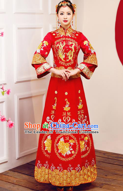 Top Grade Chinese Traditional Wedding Dress Ancient Bride Embroidered Dragon Phoenix XiuHe Suit for Women
