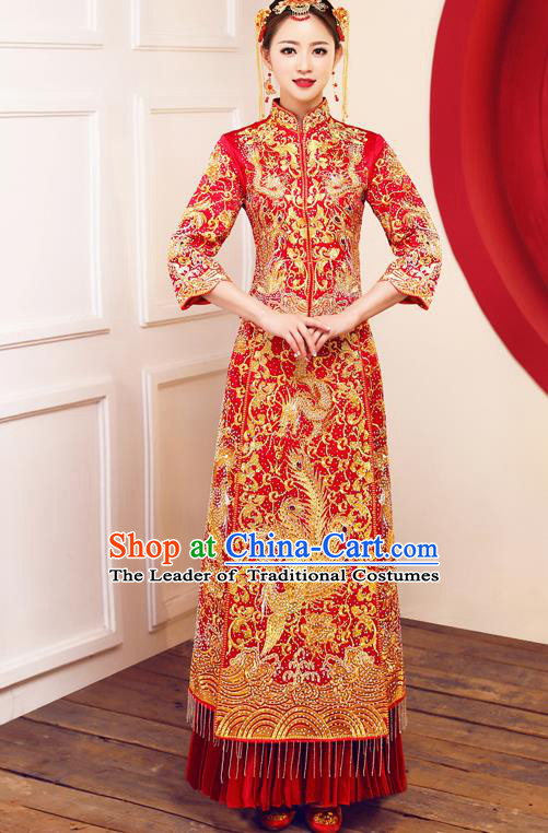 Top Grade Chinese Traditional Wedding Dress Ancient Bride Embroidered Diamante Phoenix XiuHe Suit for Women