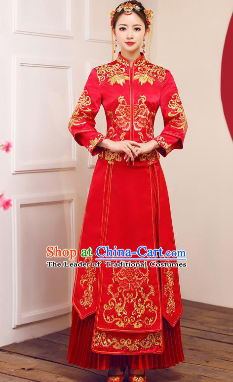 Top Grade Chinese Traditional Wedding Dress Ancient Bride Embroidered Diamante Peony XiuHe Suit for Women