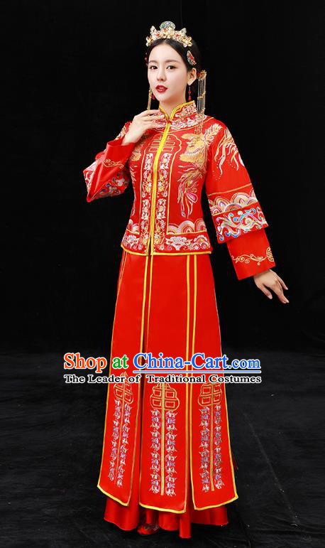 Chinese Ancient Bride Formal Dresses Xiuhe Suit Wedding Costume Embroidered Peony Red Cheongsam for Women