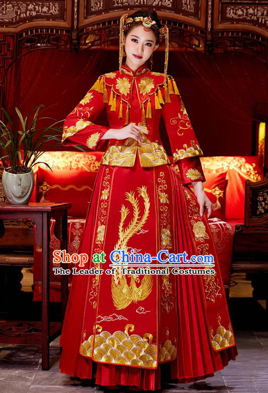 Top Grade Chinese Traditional Red Wedding Dress XiuHe Suit Ancient Bride Embroidered Phoenix Cheongsam for Women