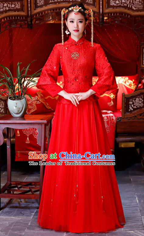 Top Grade Chinese Traditional Wedding Dress XiuHe Suit Ancient Bride Embroidered Red Lace Cheongsam for Women