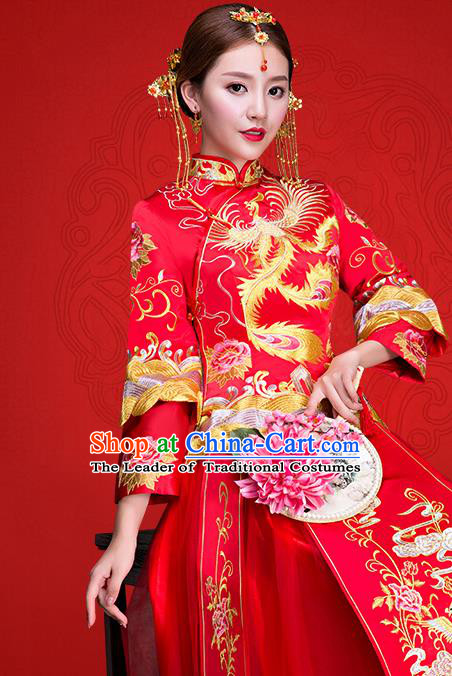 Top Grade Chinese Traditional Wedding Dress Red XiuHe Suit Ancient Bride Embroidered Phoenix Cheongsam for Women