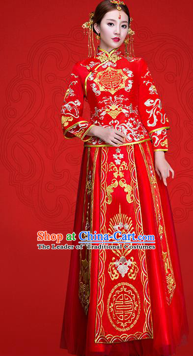 Top Grade Chinese Traditional Wedding Dress Red XiuHe Suit Ancient Bride Embroidered Cheongsam for Women