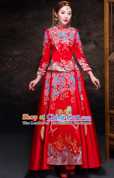 Top Grade Chinese Traditional Red Wedding Dress XiuHe Suit Ancient Bride Embroidered Cheongsam for Women