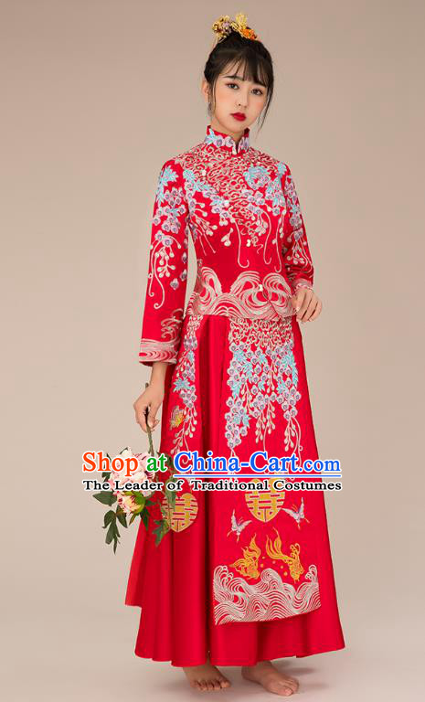 Chinese Ancient Bride Veil Formal Dresses Xiuhe Suit Embroidered Wedding Costume for Women