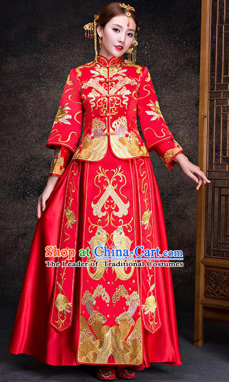 Top Grade Chinese Traditional Red Wedding Dress XiuHe Suit Ancient Bride Embroidered Fishes Cheongsam for Women