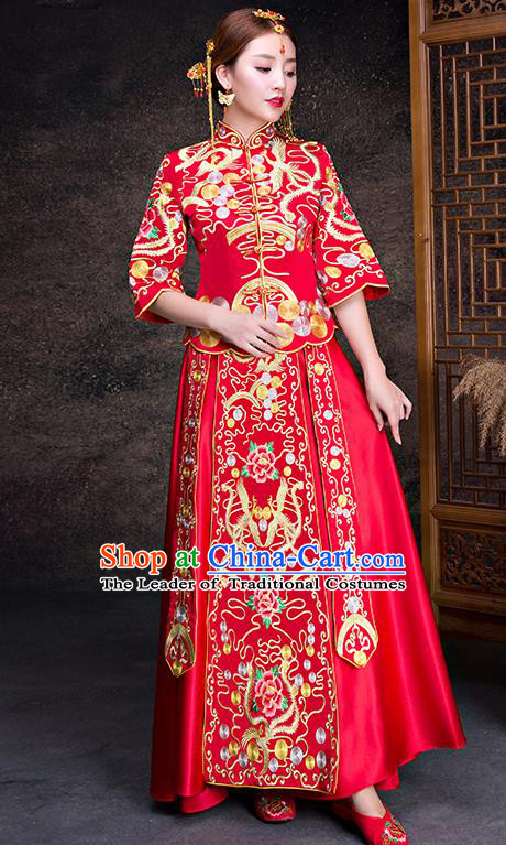 Chinese Traditional Wedding Dress Red XiuHe Suit Ancient Bride Embroidered Peony Cheongsam for Women