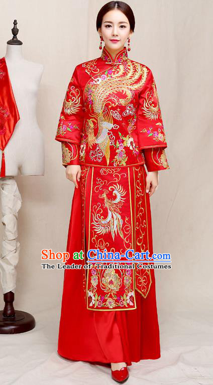 Chinese Traditional Wedding Dress Embroidered Red XiuHe Suit Ancient Bride Cheongsam for Women