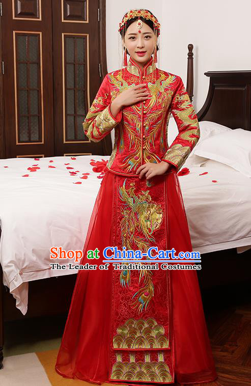 Chinese Traditional Embroidered Phoenix Wedding Dress XiuHe Suit Ancient Bride Cheongsam for Women
