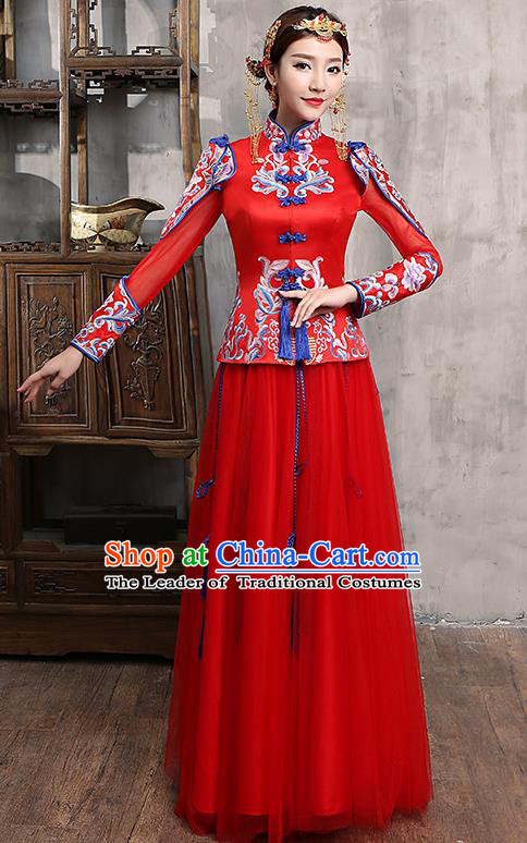 Chinese Traditional Wedding Dress Red XiuHe Suit Ancient Bride Embroidered Toast Cheongsam for Women