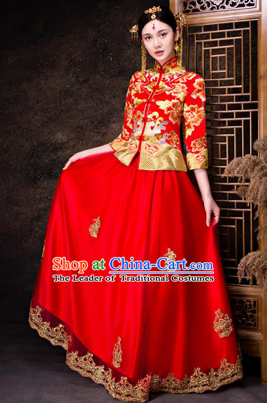 Chinese Traditional Wedding Dress Red XiuHe Suit Ancient Bride Embroidered Peony Toast Cheongsam for Women