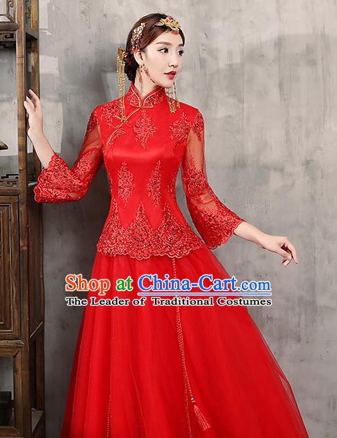 Chinese Traditional Wedding Dress Red Lace XiuHe Suit Ancient Bride Embroidered Toast Cheongsam for Women