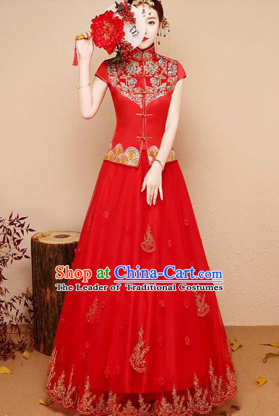 Chinese Traditional Wedding Costume XiuHe Suit Ancient Bride Embroidered Red Toast Formal Dress for Women
