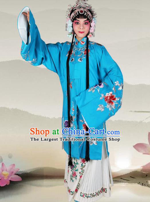 Professional Chinese Beijing Opera Costumes Ancient Peking Opera Actress Embroidered Peony Blue Clothing for Adults