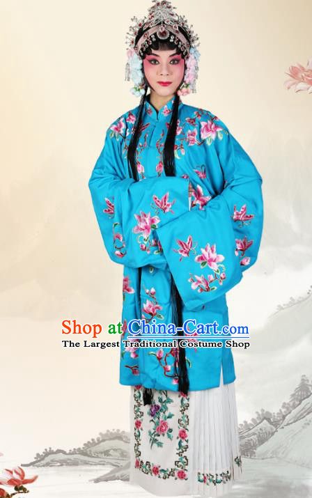 Professional Chinese Beijing Opera Costumes Ancient Peking Opera Actress Embroidered Mangnolia Blue Clothing for Adults