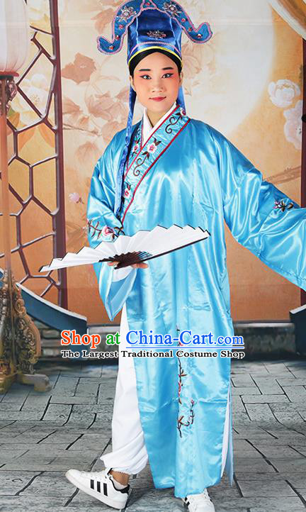 Professional Chinese Beijing Opera Costumes Peking Opera Gifted Scholar Blue Robe and Hat for Adults