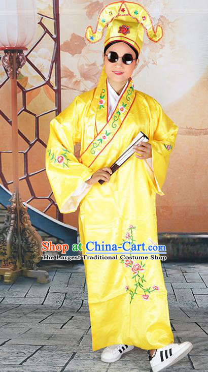 Professional Chinese Beijing Opera Costumes Peking Opera Gifted Scholar Yellow Robe and Hat for Adults