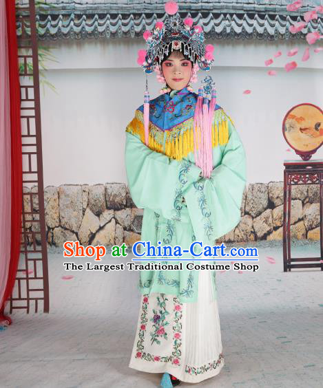 Professional Chinese Beijing Opera Diva Embroidered Green Costumes Blue Shawl Clothing and Headwear for Adults