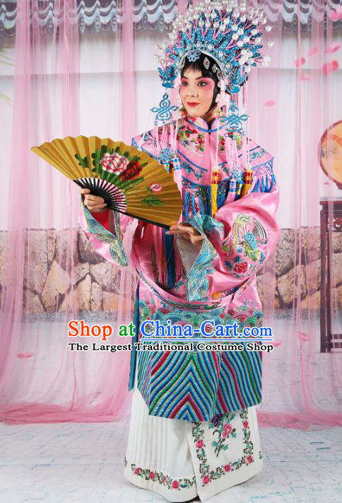 Professional Chinese Beijing Opera Diva Embroidered Costumes Imperial Consort Pink Dress and Phoenix Coronet for Adults