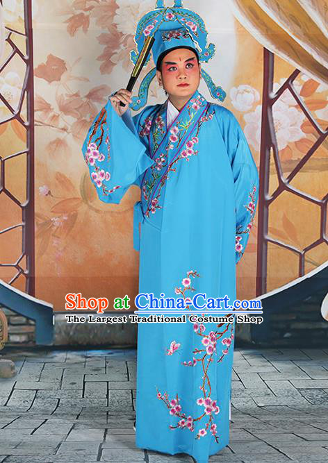 Professional Chinese Peking Opera Niche Costume Traditional Peking Opera Plum Blossom Blue Robe and Hat for Adults
